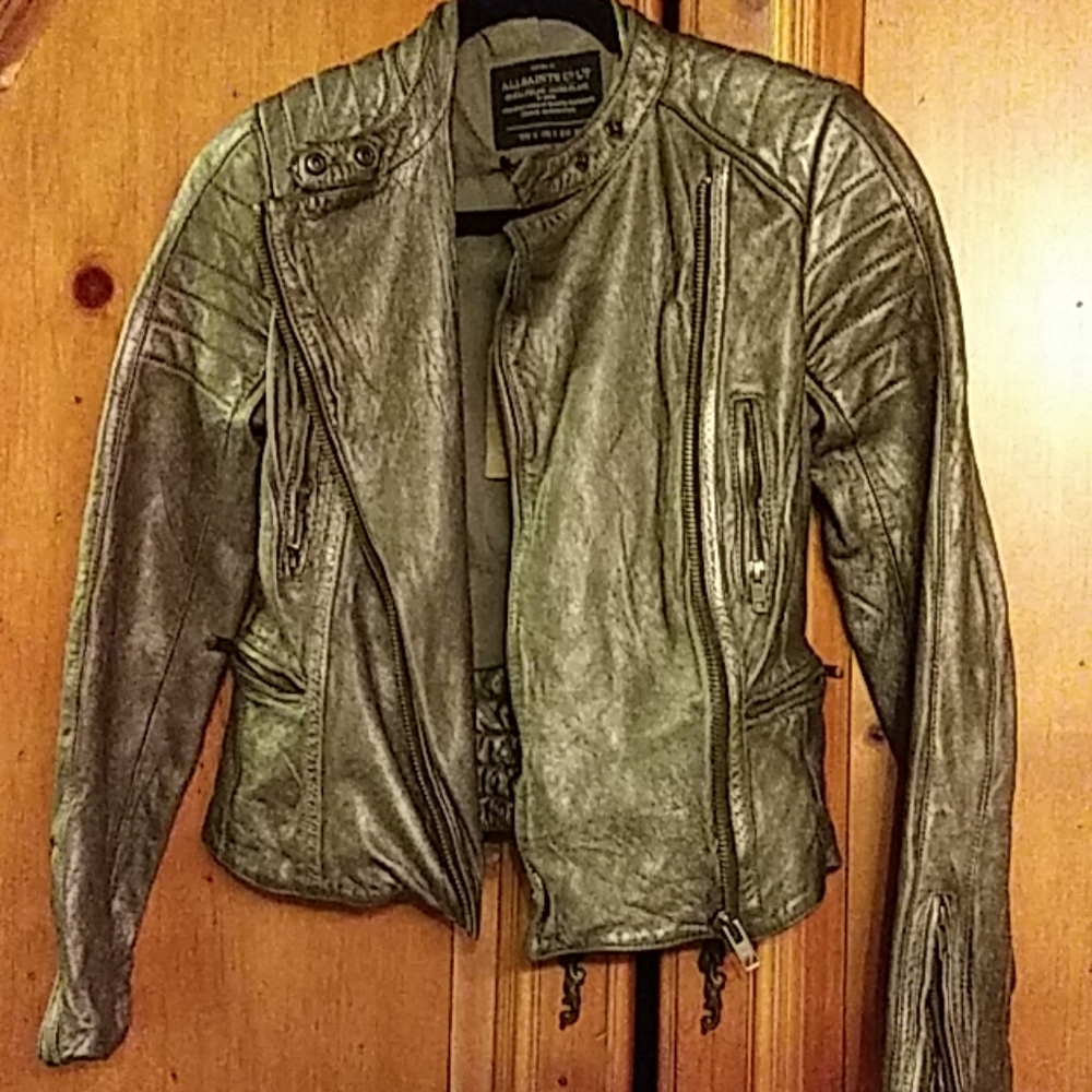 All Saints gray shimmer leather jacket
